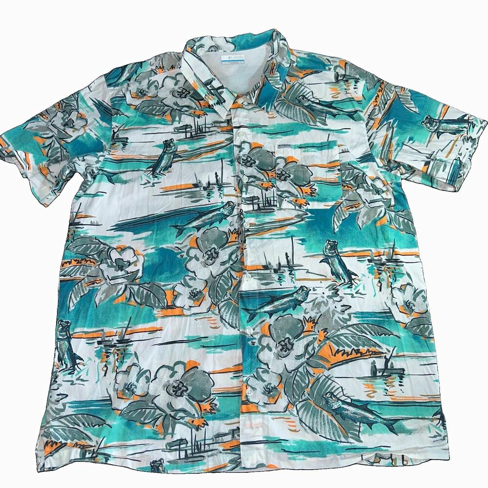 Columbia PFG Shirt Mens XL White Teal Fish Tamiami Fishing Button Up Short Sleev
